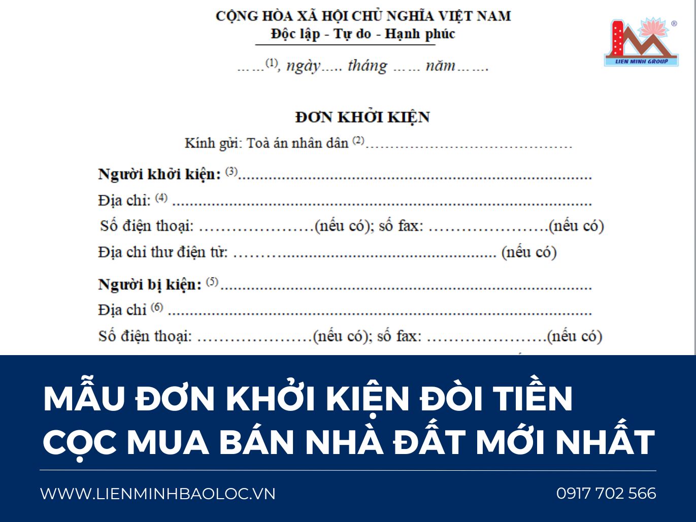 Mẫu đơn khởi kiện đòi tiền cọc mua bán nhà đất mới nhất